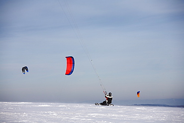 Snowkiting, kiteskiing, Mt. Wasserkruppe, Rhoen Mountains, Hesse, Germany, Europe