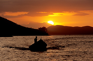 Fishing boat at sunset, Mochima National Park, Sucre, Venezuela, Caribbean