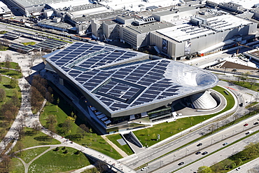 BMW World from Olympia TV tower, solar power system, Munich, Bavaria, Germany, Europe