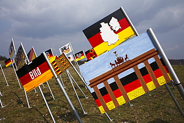 Field of flags, "Sculpture park" national monument to German unity on the Thuringian/Bavarian border near to Henneberg, Rhoen-Grabfeld, Lower Franconia, Bavaria, Germany, Europe