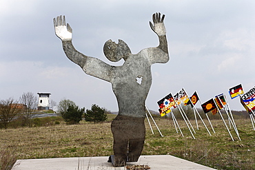 "Shot whilst fleeing" by Herbert Fell, "Sculpture park" national monument to German unity on the Thuringian/Bavarian border near to Henneberg, Rhoen-Grabfeld, Lower Franconia, Bavaria, Germany, Europe