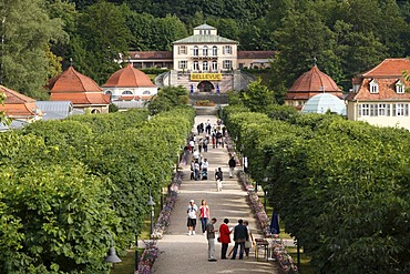 Kurpark, state baths in Brueckenau, view toward Hotel Restaurant Bellevue, Bad Brueckenau, Rhoen Mountains, Lower Franconia, Bavaria, Germany, Europe