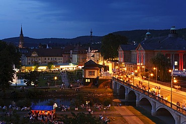 Illuminated Ludwigbruecke Bridge, Rakoczi Festival, Bad Kissingen, Rhoen, Lower Franconia, Bavaria, Germany, Europe