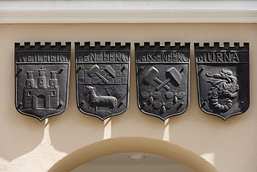 The coat of arms of Weilheim, Penzberg, Peissenberg and Murnau, in Weilheim, Pfaffenwinkel, Upper Bavaria, Germany, Europe