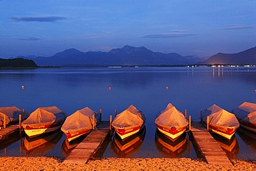 Night-time illuminated boats in Prien, Lake Chiemsee, Chiemgau, Upper Bavaria, Germany, Europe