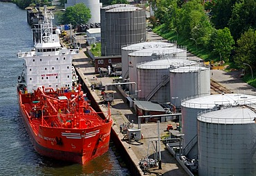 Tanker landing at fuel depot, Kiel, Schleswig-Holstein, Germany