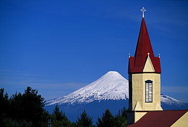 Church in front of Osorno Volcano, Patagonia, Lake District, Chile, South America