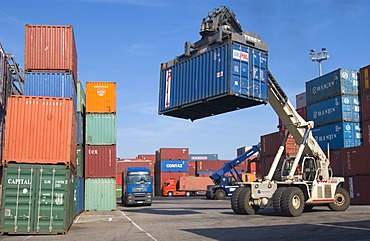 Freight Container being loaded onto truck in Neuss Harbour, Germany