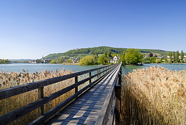 Wooden footbridge leading to Klosterinsel Werd, Isle of Werd Monastery, Canton of Schaffhausen, Switzerland, Europe