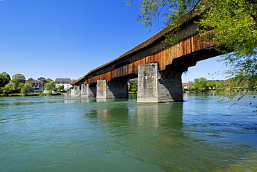 The historic covered wooden bridge over the Rhine River, Bad Saeckingen, District of Waldshut, Baden-Wuerttemberg, Germany, Europe