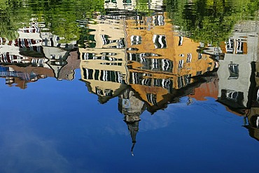 Historic city houses and the Hoelderlin Tower reflected in the Neckar River, Tuebingen, Baden-Wuerttemberg, Germany, Europe