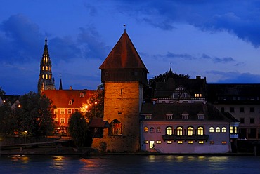 Historic Rheintorturm Tower in front of Muensterturm Tower in the evening, Constance district, Baden-Wuerttemberg, Germany, Europe