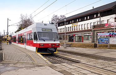 Electric Tatra train at Tatranska Lomnica train station, Slovakia