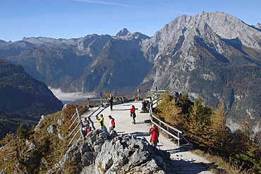 The Koenigsee in the national park Berchtesgaden covered by the ground mist seen by the vantage point of the Jenner, Bavaria, Germany