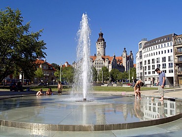 Plant with fountains at the new city hall in Leipzig, Saxony, Germany