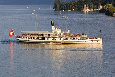 Historic shovel paddlesteamer on the Lake Lucerne, Lucerne, canton Lucerne, Switzerland