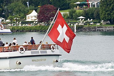 Swiss flagg on a boat, Lucerne, canton Lucerne, Switzerland