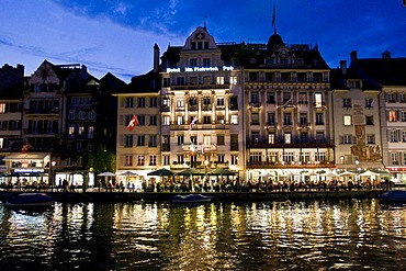 Night shot of the old town of Lucerne with the Lake of Lucerne, canton Lucerne, Switzerland