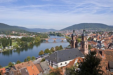 Town church St Jakobus, View onto the river Main, Miltenberg, Bavaria, Germany