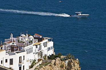 Old building at the coast, motorboat, Eivissa, old part of town, Ibiza, Balearic Islands, Spain