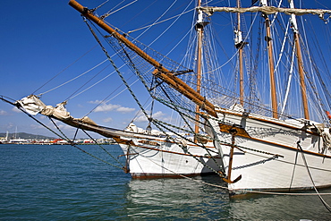 Two historical sailing ships with extensive rigging in the harbour of Eivissa, Ibiza, Baleares, Spain