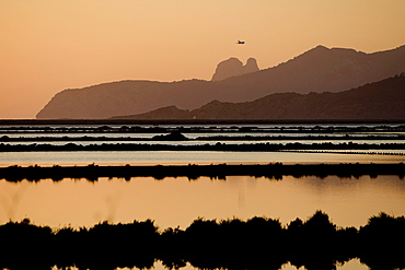 Evening mood at the saltworks, Les Salinas beach, Ibiza, Balearen, Spanien