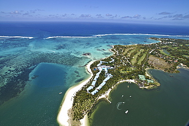 Aerial view, coral banks, ocean and hotel resort, Mauritius, Mascarenes, Indian Ocean