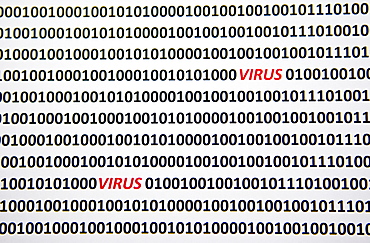 Computer virus, "virus" spelled out in red between bit coding in a computer data stream