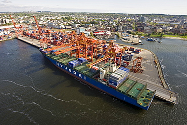 Vancouver container port and container ship, British Columbia, Canada, North America