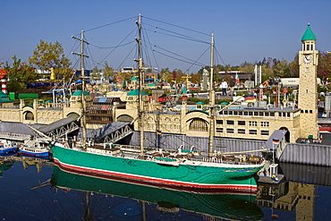 Boat tied in the harbour, Legoland, Guenzburg, Germany, Europe