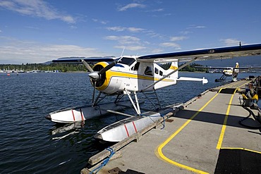 Seaplane tied to jetty, Coral Harbour, Vancouver, British Columbia, Canada, North America