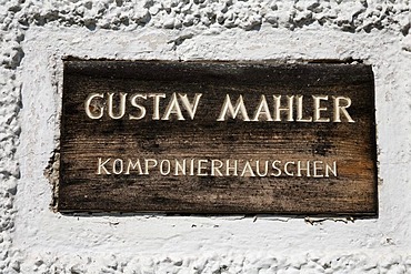 Sign "Gustav Mahler Komponierhauschen", Gustav Mahler house at Attersee lake, Salzkammergut, Upper Austria