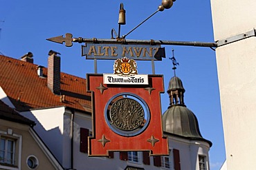 Inn sign Alte Muenz, Regensburg, Upper Palatinate, Bavaria, Germany