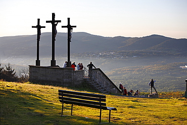 Three crosses on Kreuzberg mountain near Bischofsheim, Rhoen, Franconia, Bavaria, Germany