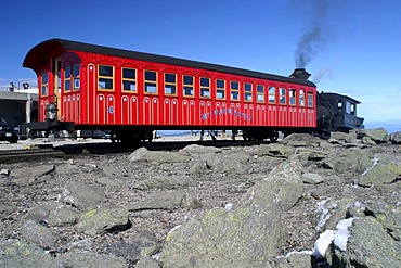 Historic Mount Washington Cog Railway to the top of the highest mountain of the presidential range. New Hampshire, USA.