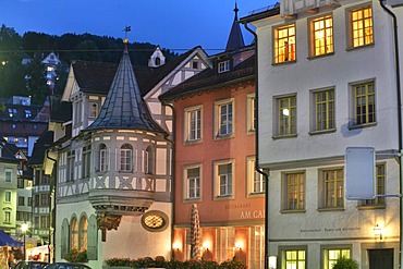 Timberframe houses and old facades on the Gallus square in the historic city center of St. Gall, Switzerland