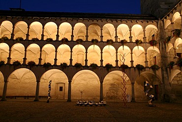 Courtyard of Stockalper castle at dusk in Brig, Valais, Switzerland