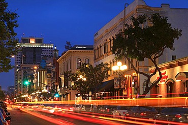 Evening lights in the Gaslamp Quarter, San Diego, California, USA