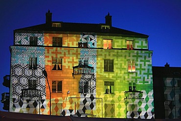 Art with lights on the walls of a Swiss Insurance Building at Mythenquai during "Zueri-Faescht", fair in Zurich, Switzerland