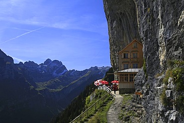 Aescher tavern and panorama mountain view in the steep facing north flank of Ebenalp mountain, Appenzell, Switzerland