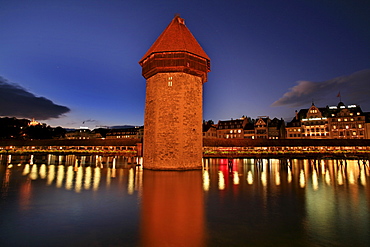 Kapell Bridge at dusk with Water Tower, Lucerne, Switzerland