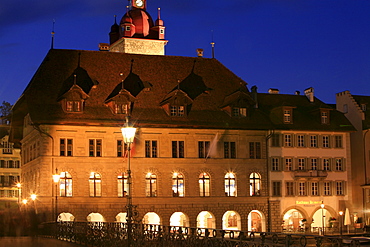 Town hall as seen from Reuss River Bridge, Lucerne, Switzerland