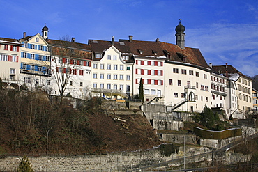 Historic buildings overlooking the Thur River, Lichtensteig, St. Gall, Switzerland