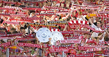 Football fans of VfB Stuttgart, with imitation of cup, Baden-Wuerttemberg, Germany,