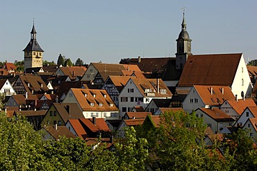 View over historical city with Oberer Torturm (Tower, left) and Protestant Church (right), Marbach am Neckar, Baden-Wuerttemberg, Germany