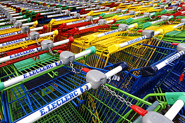 Shopping carts in many colours, Ribeauvillee, Alsace, France, Europe