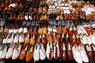 Shoes in a shoe market, Wernigerode town, Saxony-Anhalt, Germany, Europe