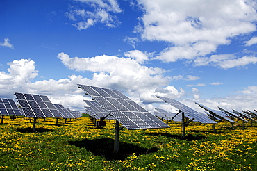 Photovoltaics, solar panels in a field near Oberruesselbach, Middle Franconia, Bavaria, Germany, Europe