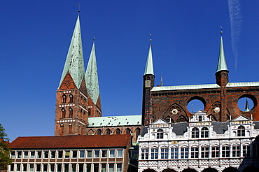 Old city hall with St. Marienkirche, St. Mary's Church, Luebeck, Schleswig- Holstein, Germany, Europe