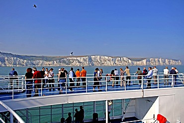 Passengers on a ferry viewing the white cliffs of Dover, Dover, England, Great Britain, Europe